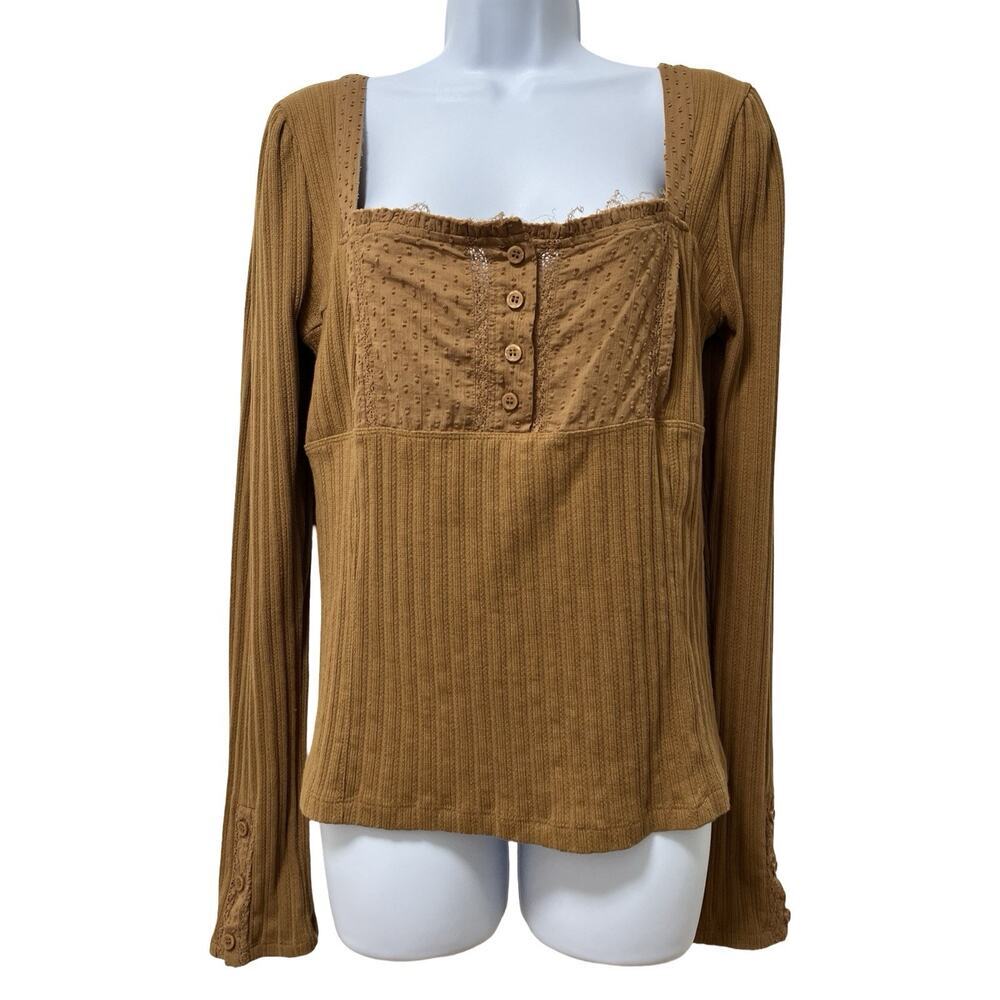 Free People Sugar Sugar Square Neck Ribbed Long Sleeve Top Size L Mustard Boho